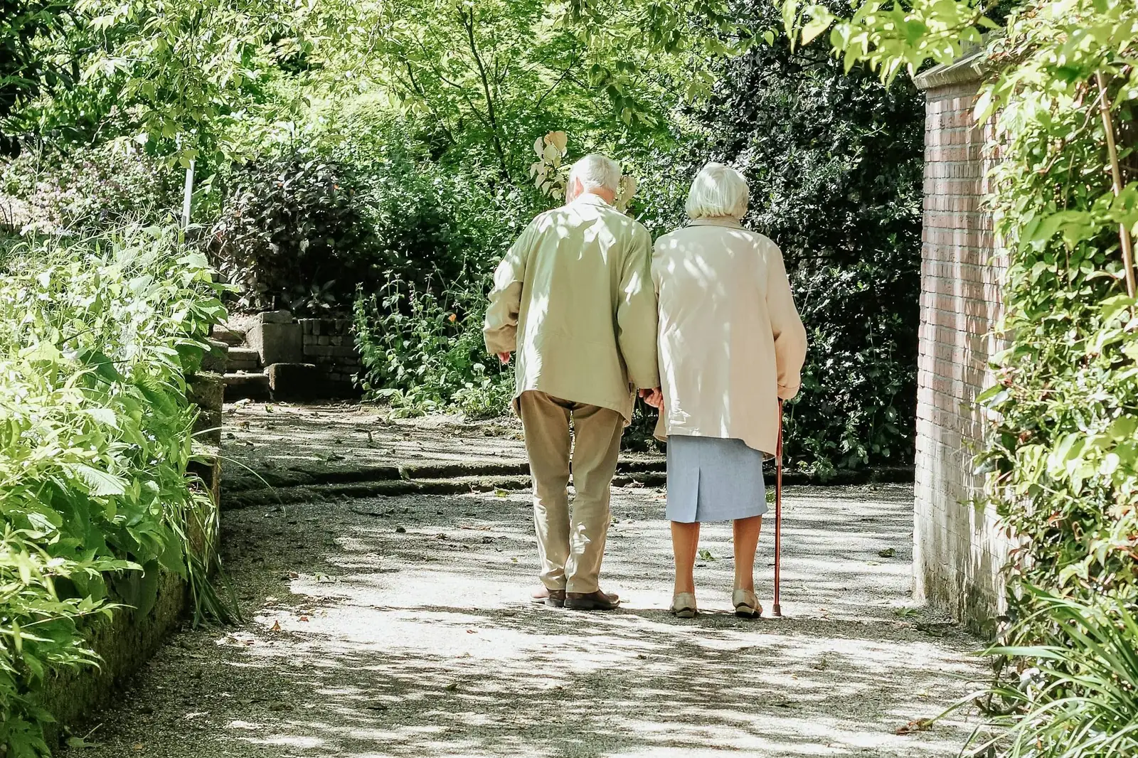 Para seniorów idzie razem ogrodową alejką